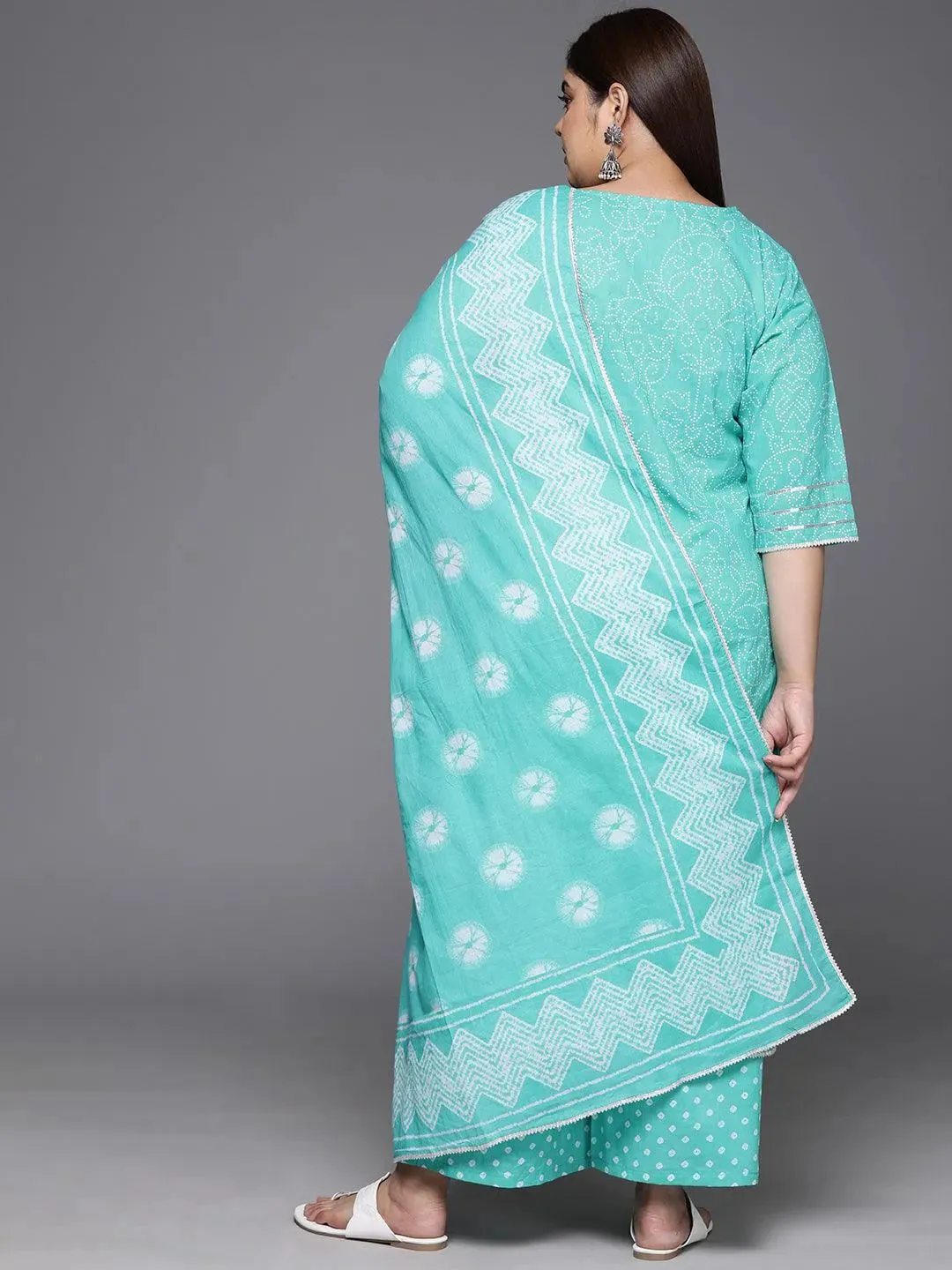 Plus Size Turquoise Blue Printed Cotton Straight Kurta With Palazzos & Dupatta