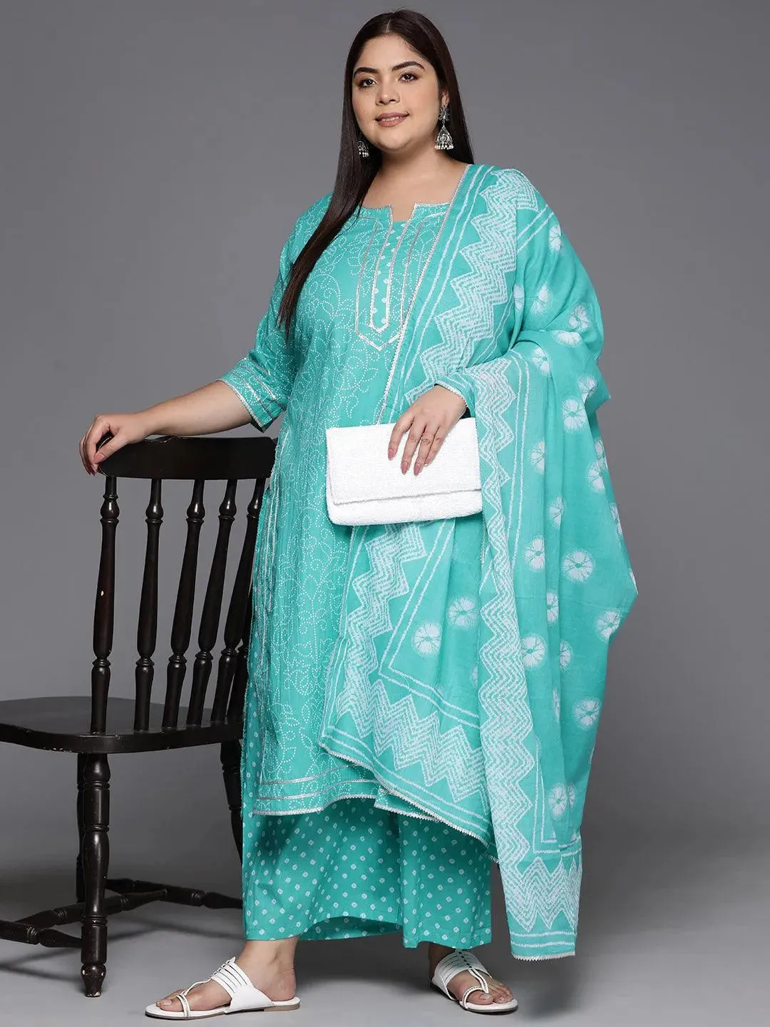 Plus Size Turquoise Blue Printed Cotton Straight Kurta With Palazzos & Dupatta