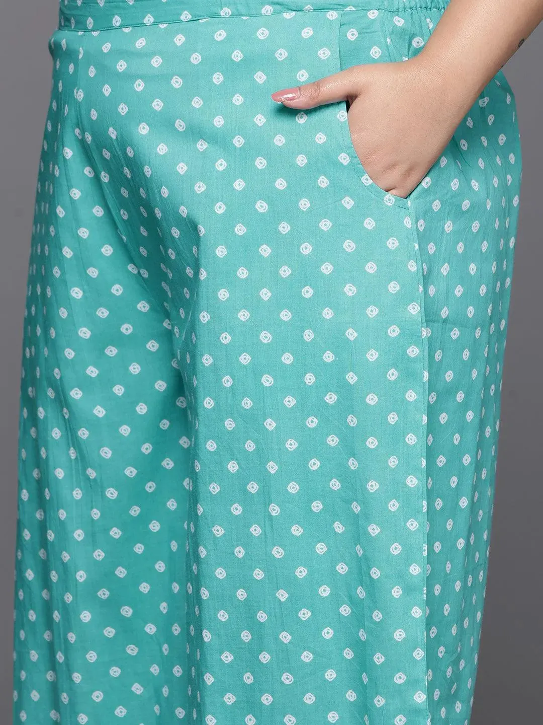 Plus Size Turquoise Blue Printed Cotton Straight Kurta With Palazzos & Dupatta