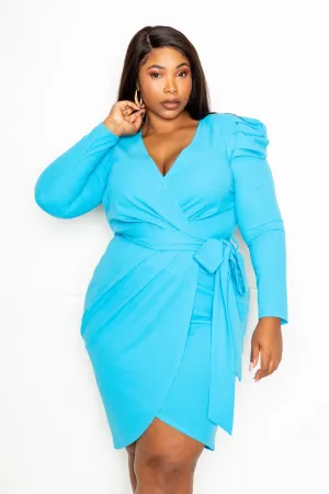 Plus Size Turquoise Surplice Long Sleeve Midi Dress
