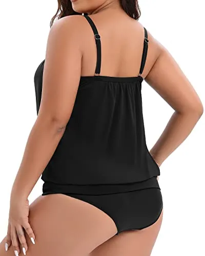 Plus Size Two Piece Tankini Swimsuits For Women-Black