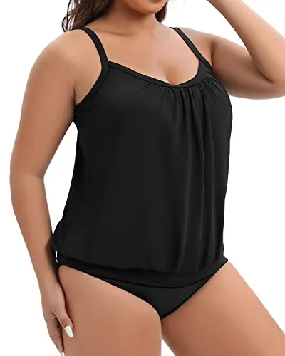 Plus Size Two Piece Tankini Swimsuits For Women-Black