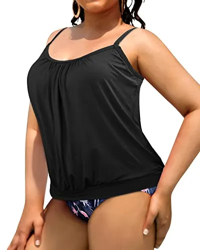 Plus Size Two Piece Tankini Swimsuits for Women Blouson Tankini Tops with Swim Bottoms