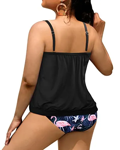 Plus Size Two Piece Tankini Swimsuits for Women Blouson Tankini Tops with Swim Bottoms