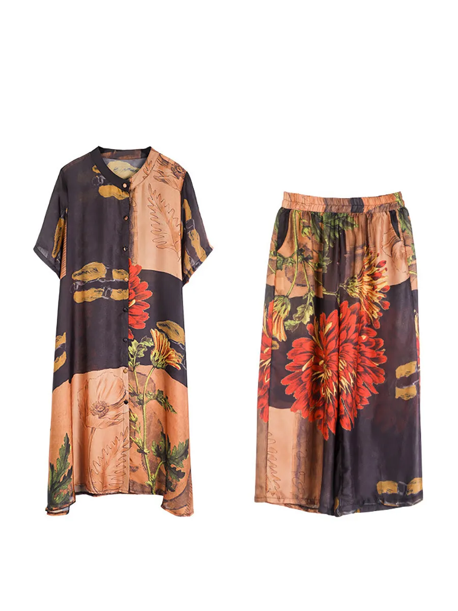 Plus Size Women Artsy Flower Spliced Long Shirt Pants