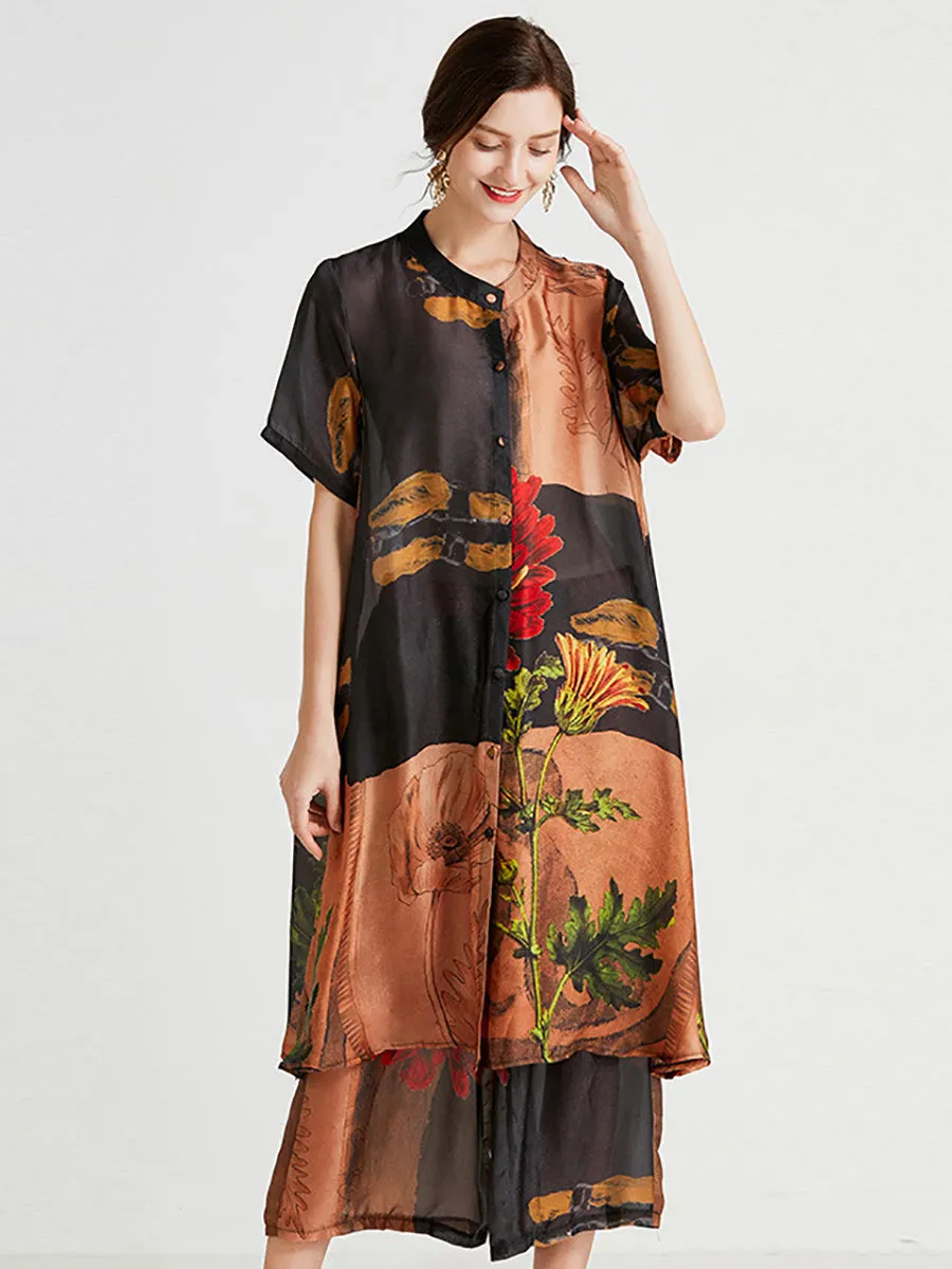 Plus Size Women Artsy Flower Spliced Long Shirt Pants
