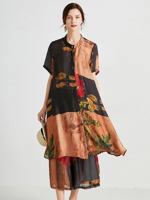 Plus Size Women Artsy Flower Spliced Long Shirt Pants