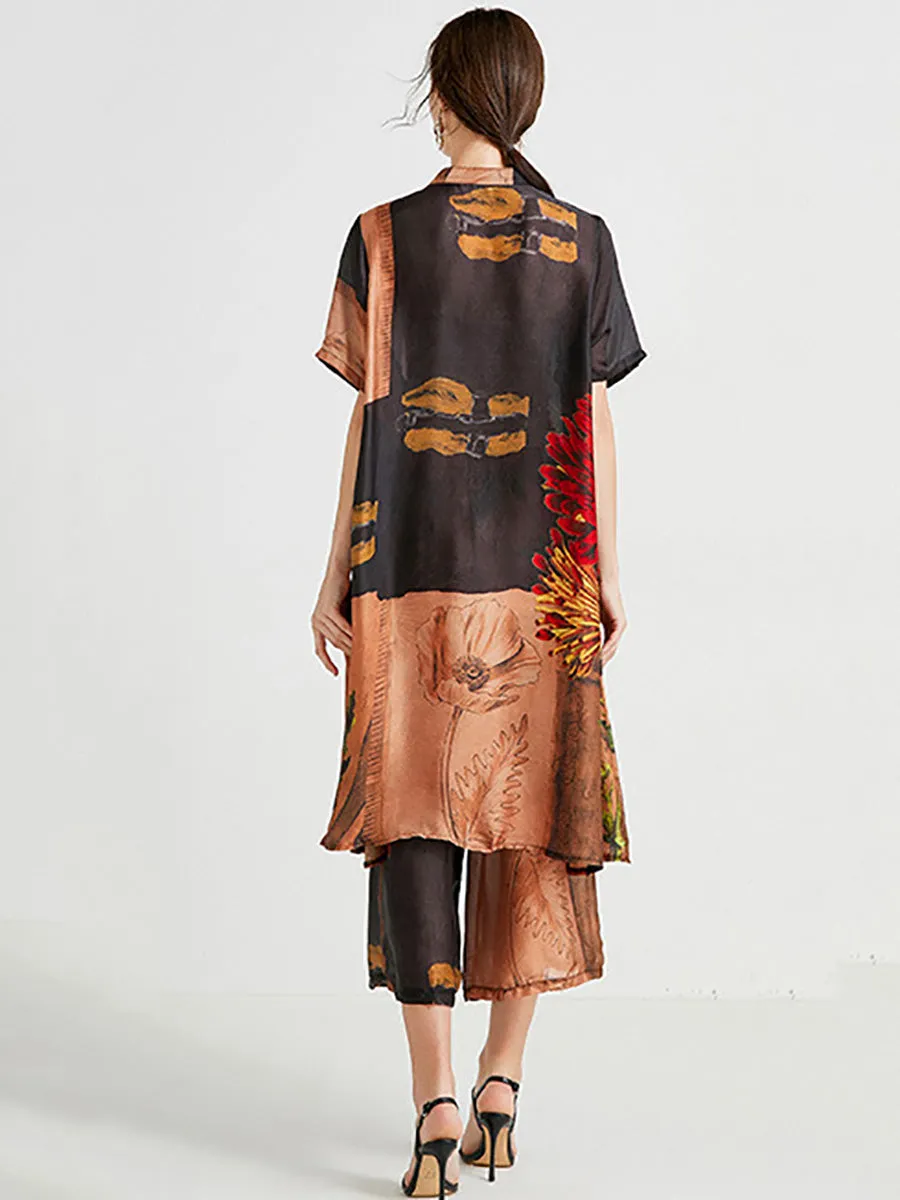 Plus Size Women Artsy Flower Spliced Long Shirt Pants