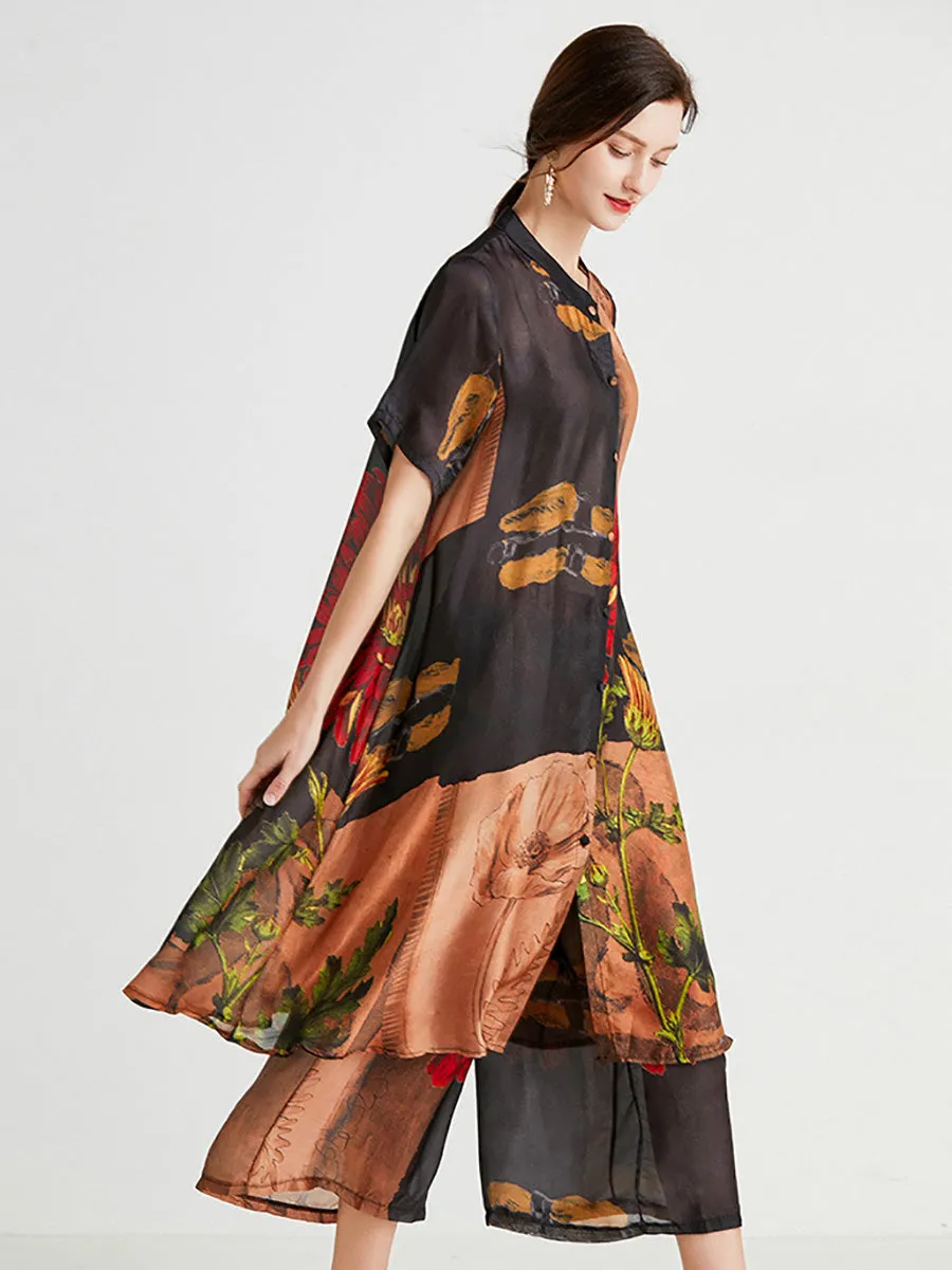 Plus Size Women Artsy Flower Spliced Long Shirt Pants