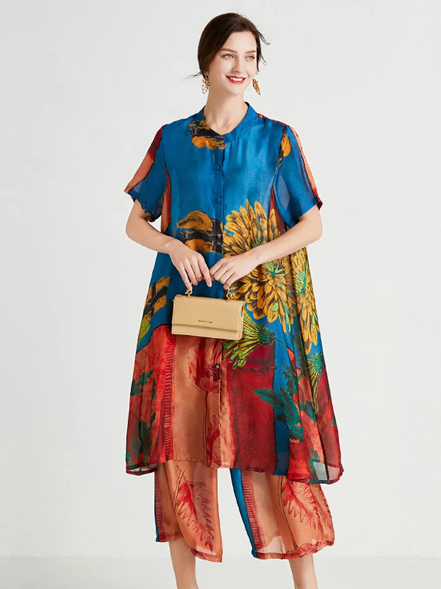 Plus Size Women Artsy Flower Spliced Long Shirt Pants
