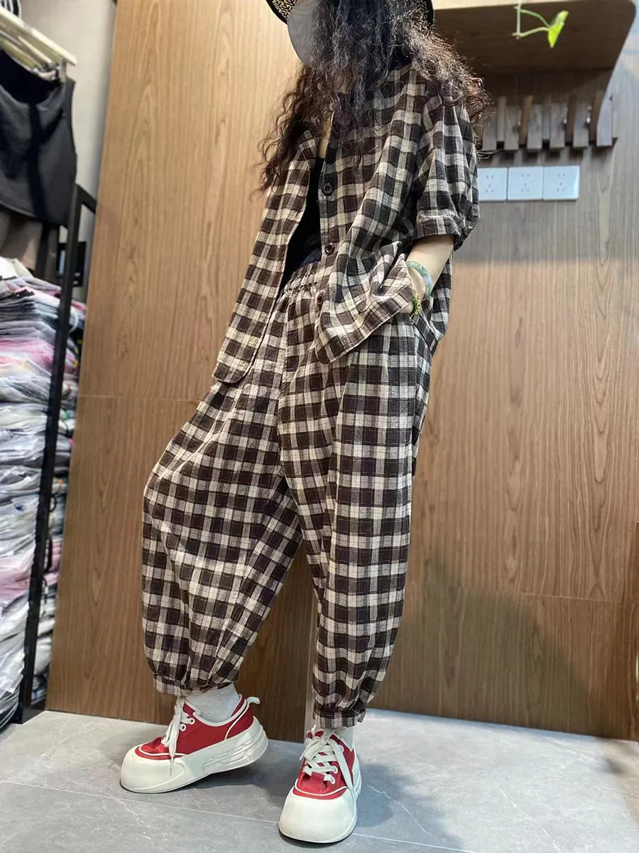 Plus Size Women Vintage Plaid 100%Cotton Summer Suits IO1032