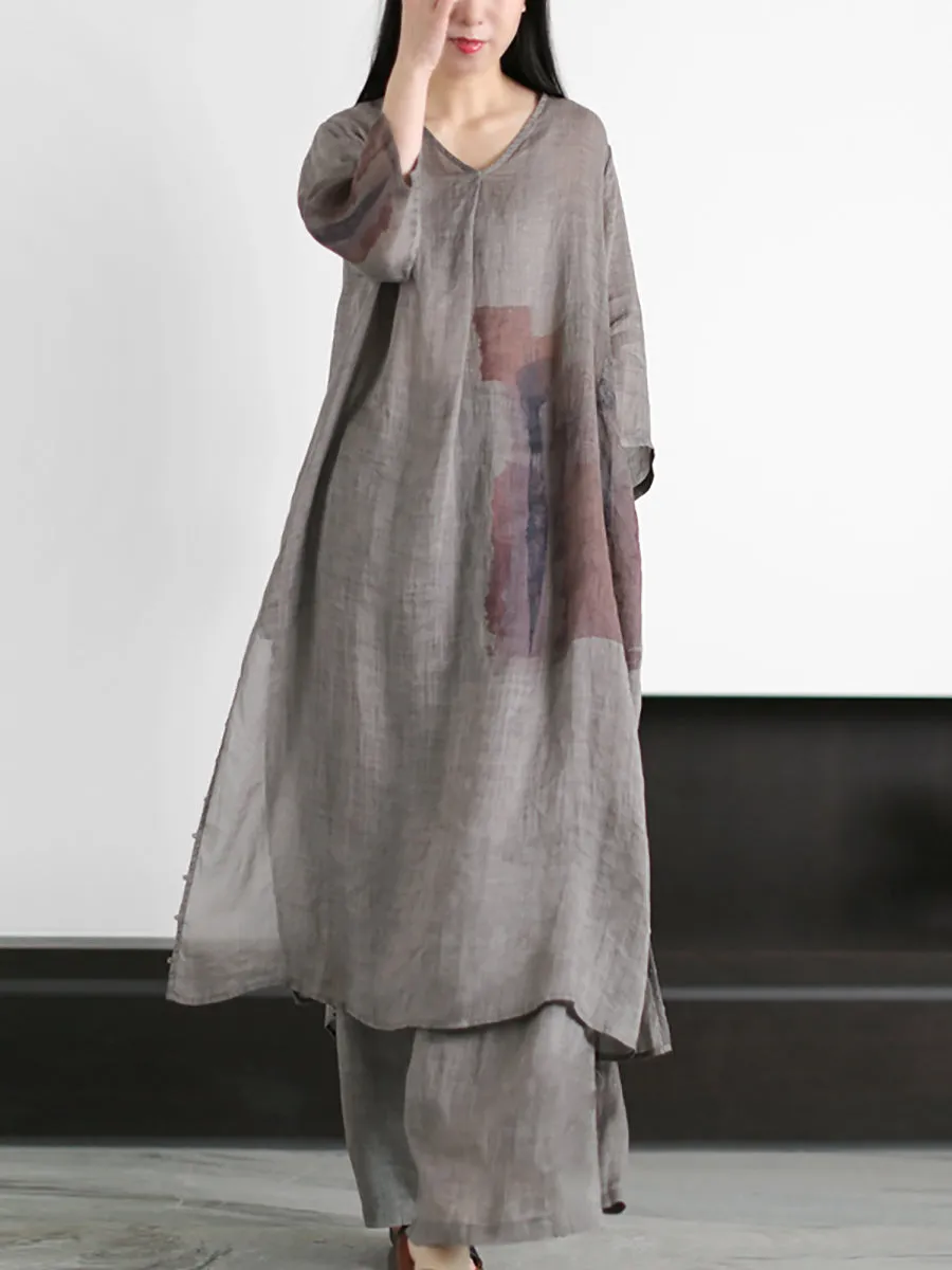 Plus Size Women Vintage Print 100%Ramie Long Shirt Pants ZZ1056