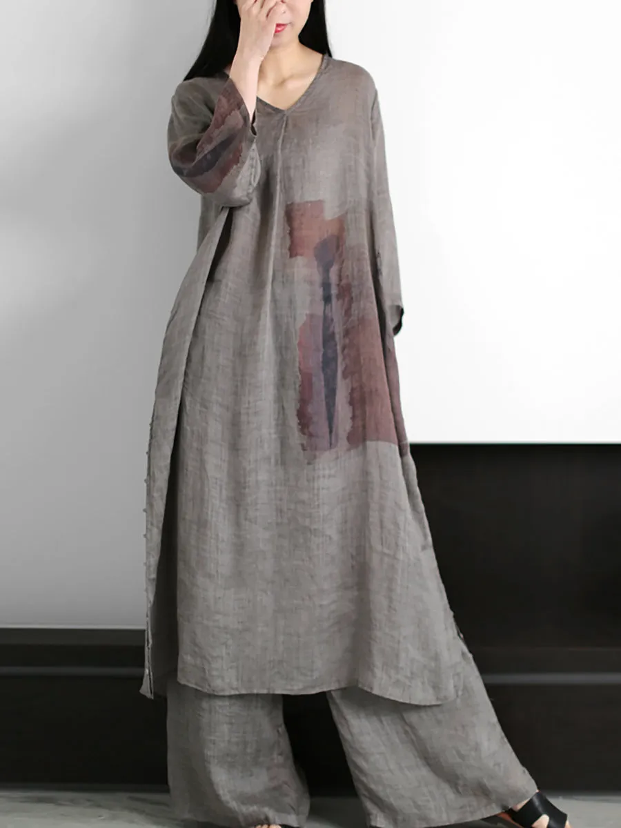 Plus Size Women Vintage Print 100%Ramie Long Shirt Pants ZZ1056