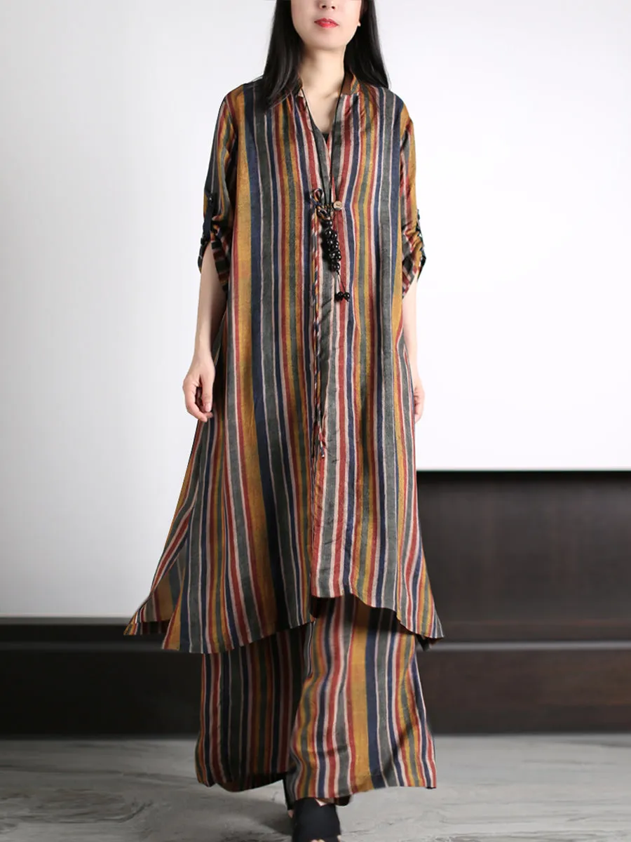 Plus Size Women Vintage Stripe Loose Long Shirt Pants XX1029