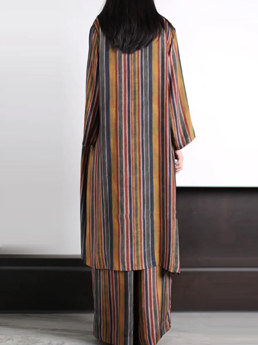 Plus Size Women Vintage Stripe Loose Long Shirt Pants XX1029