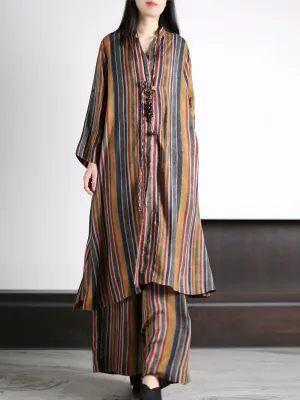 Plus Size Women Vintage Stripe Loose Long Shirt Pants XX1029