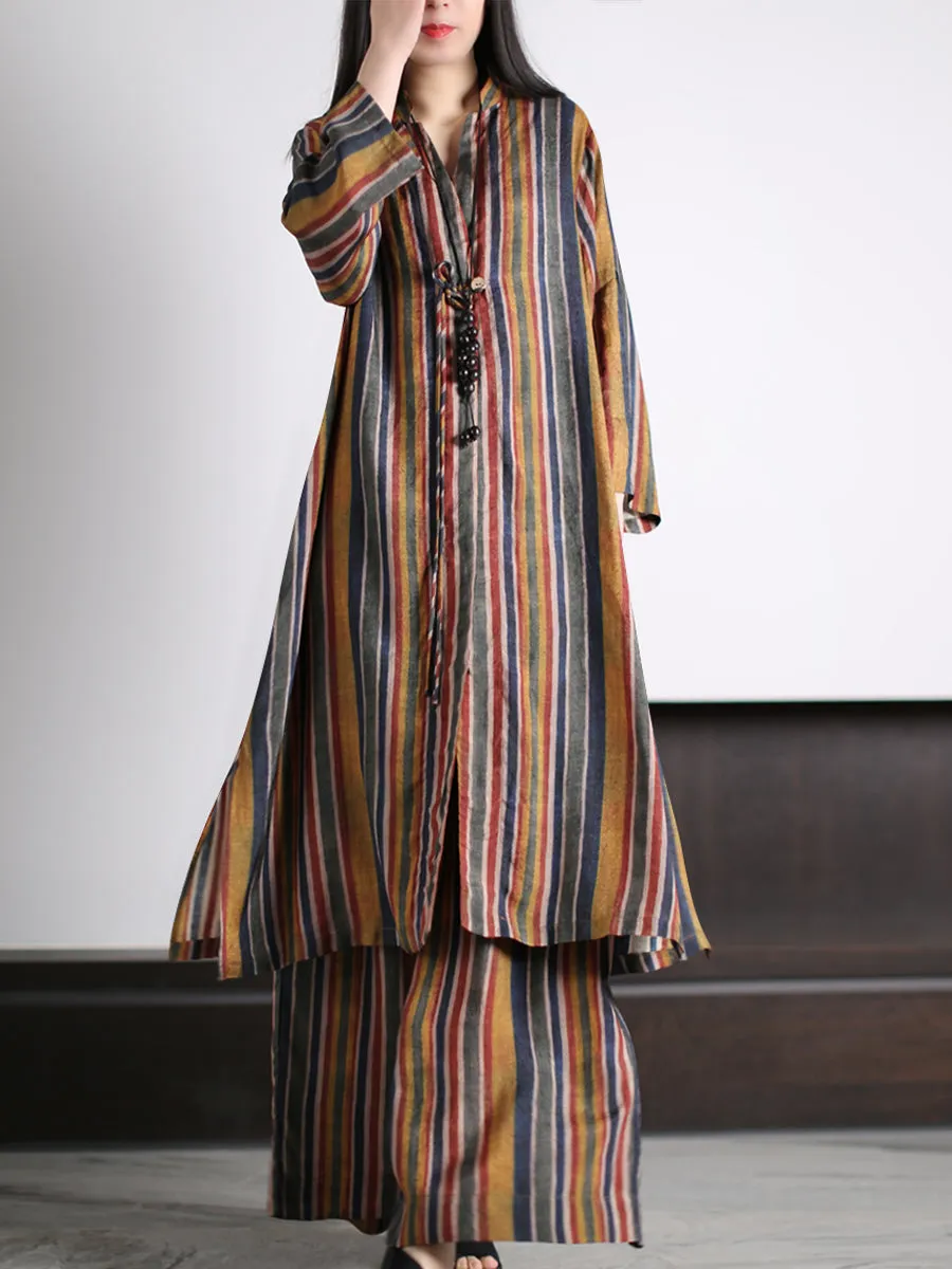 Plus Size Women Vintage Stripe Loose Long Shirt Pants XX1029