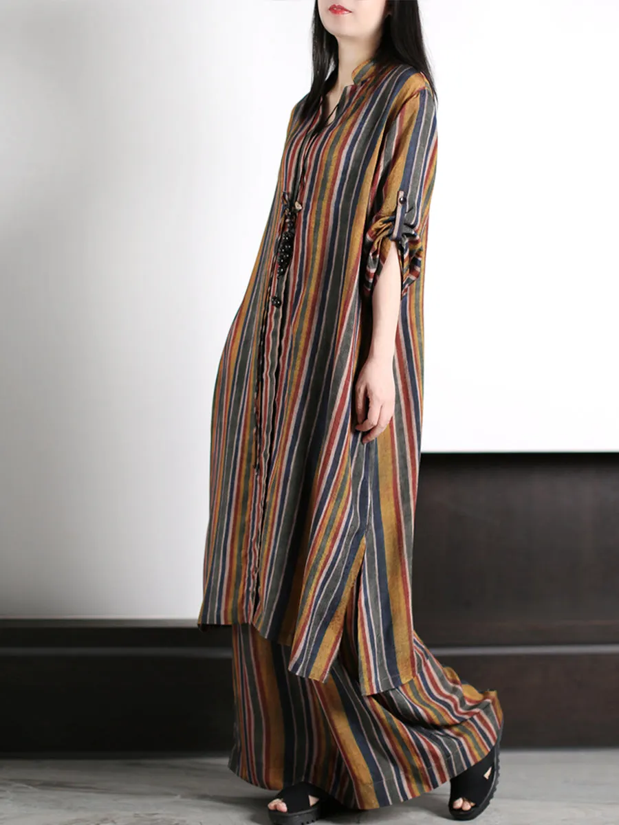 Plus Size Women Vintage Stripe Loose Long Shirt Pants XX1029