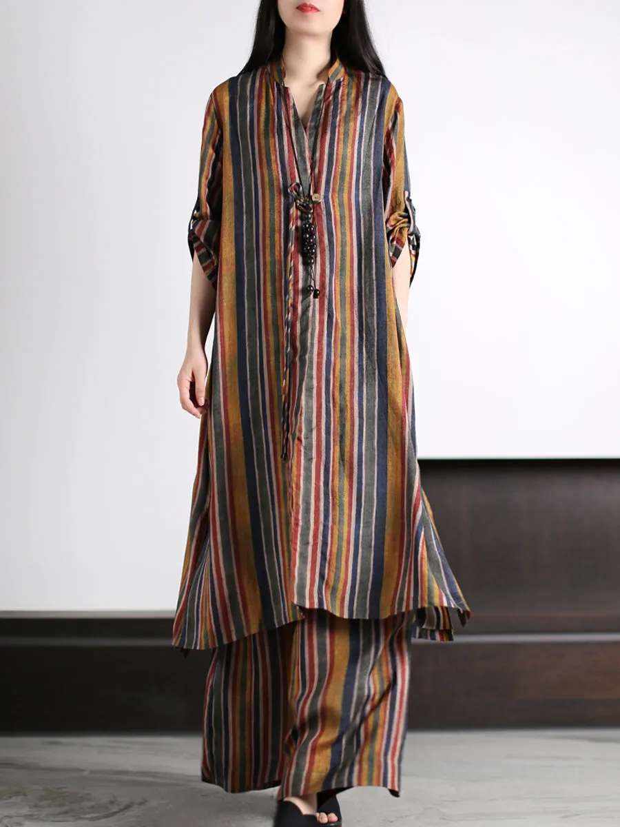 Plus Size Women Vintage Stripe Loose Long Shirt Pants XX1029