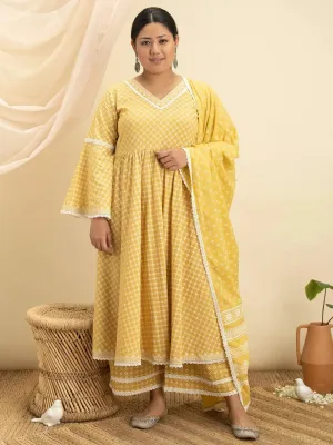 Plus Size Yellow Printed Cotton Anarkali Kurta With Palazzos & Dupatta