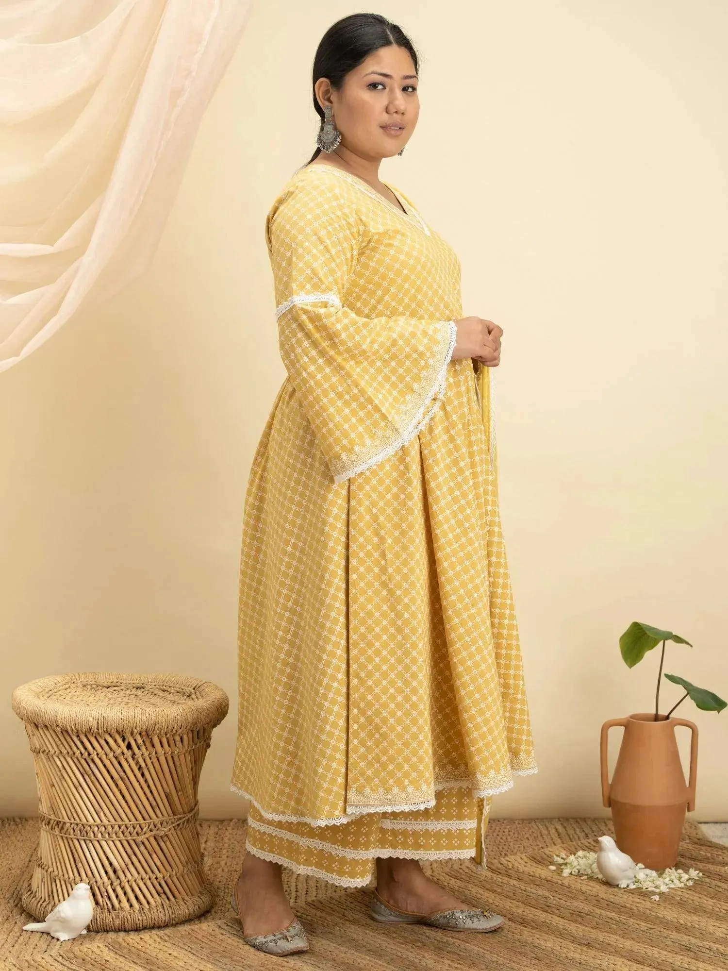 Plus Size Yellow Printed Cotton Anarkali Kurta With Palazzos & Dupatta