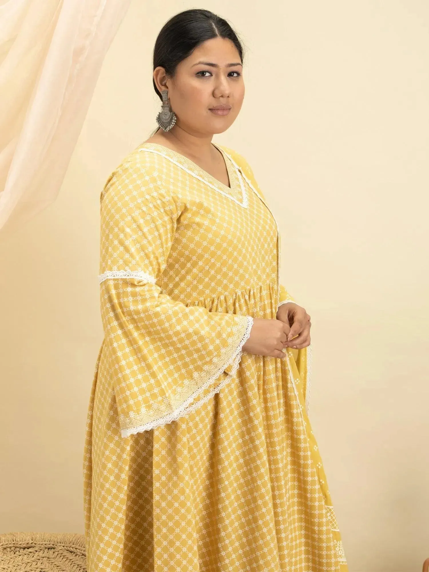 Plus Size Yellow Printed Cotton Anarkali Kurta With Palazzos & Dupatta