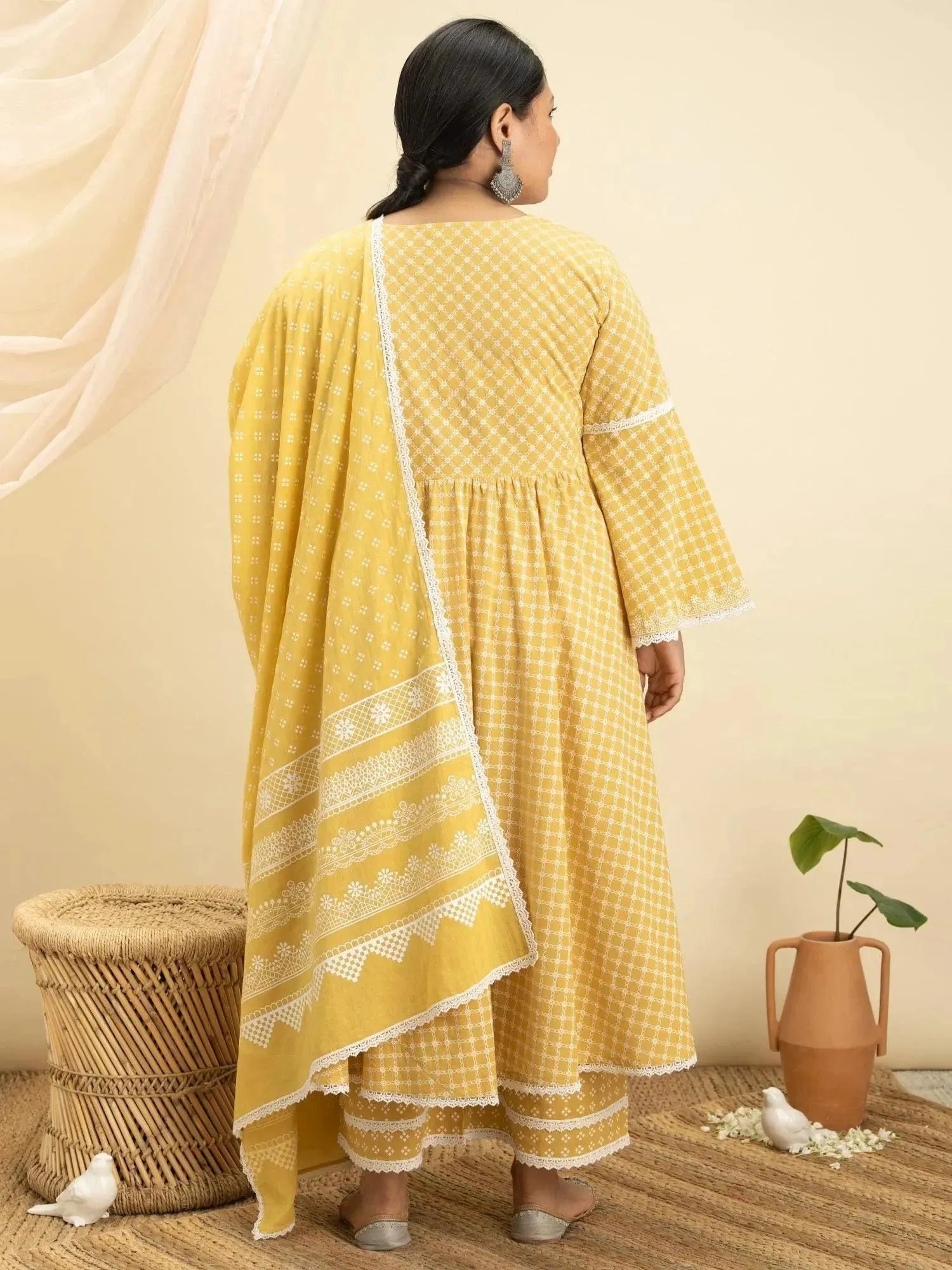Plus Size Yellow Printed Cotton Anarkali Kurta With Palazzos & Dupatta