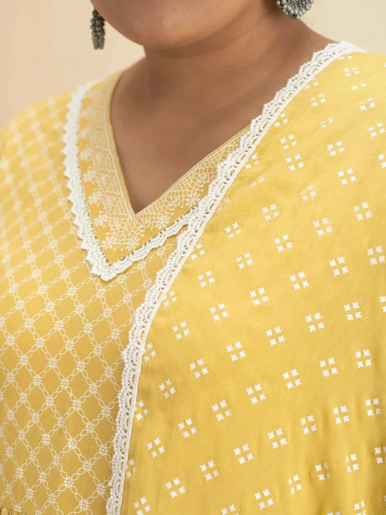 Plus Size Yellow Printed Cotton Anarkali Kurta With Palazzos & Dupatta