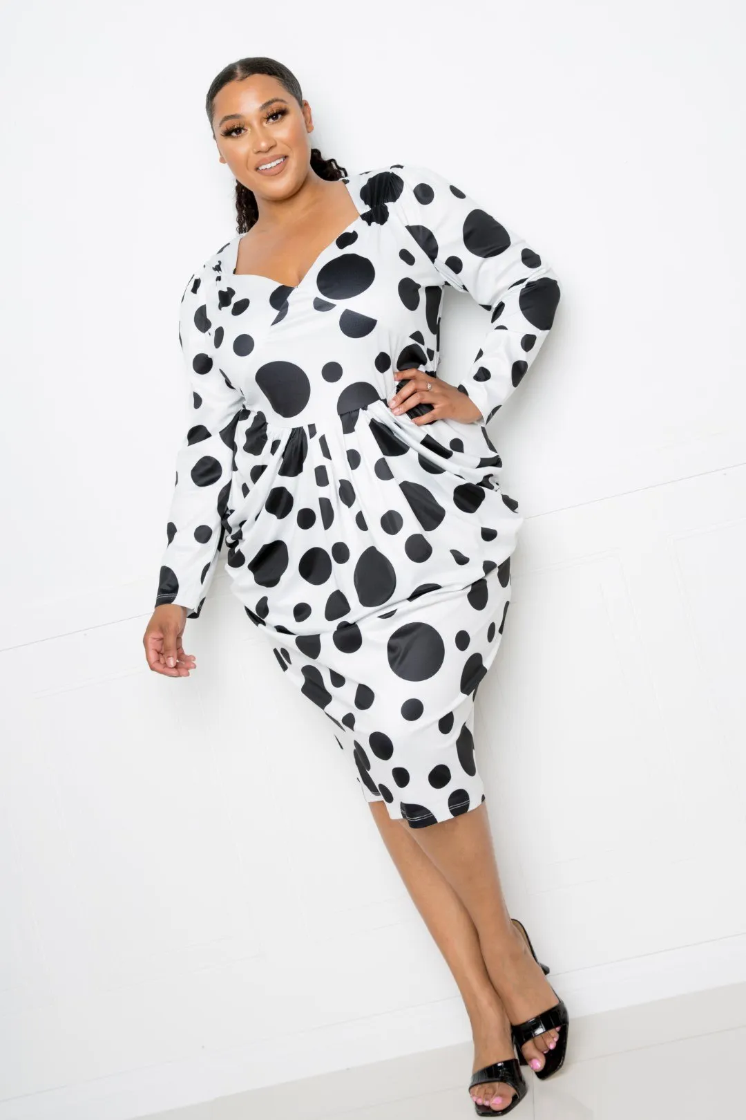 Plus White Polka Dot Ruched Waist Midi Dress