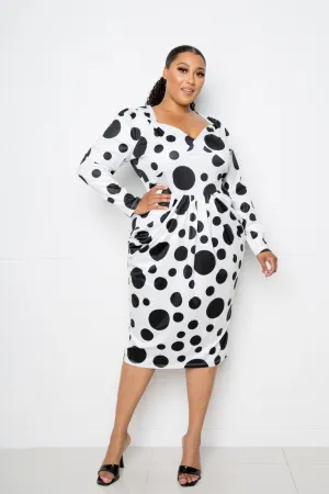 Plus White Polka Dot Ruched Waist Midi Dress