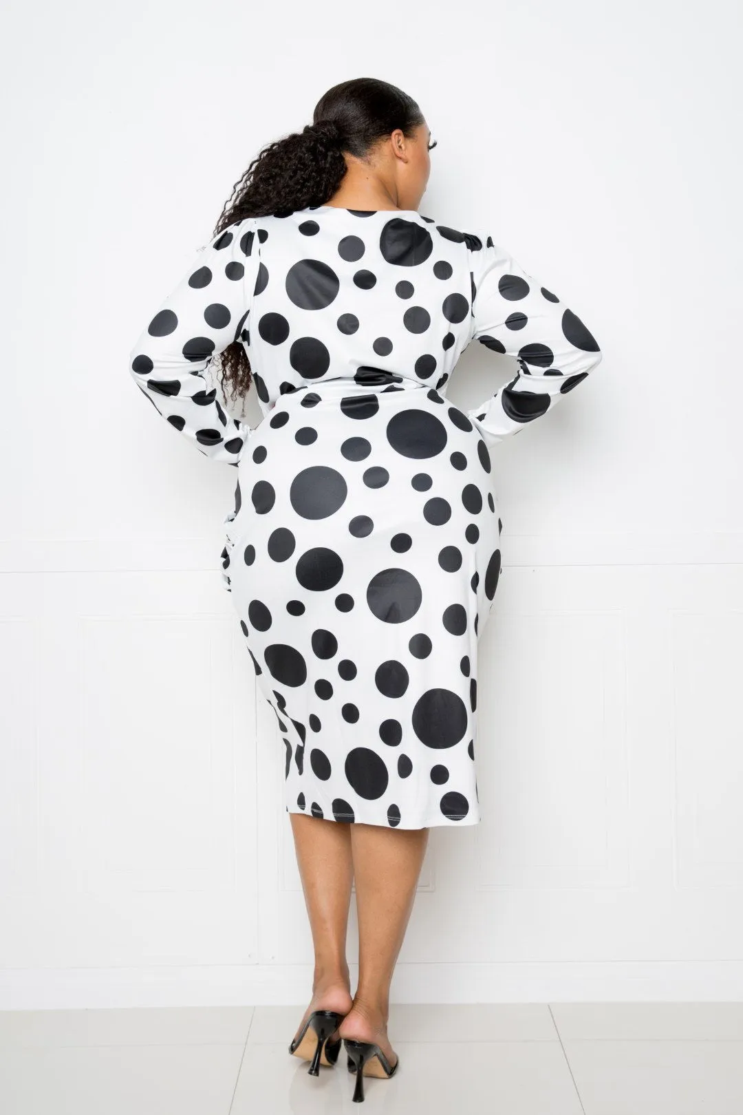 Plus White Polka Dot Ruched Waist Midi Dress