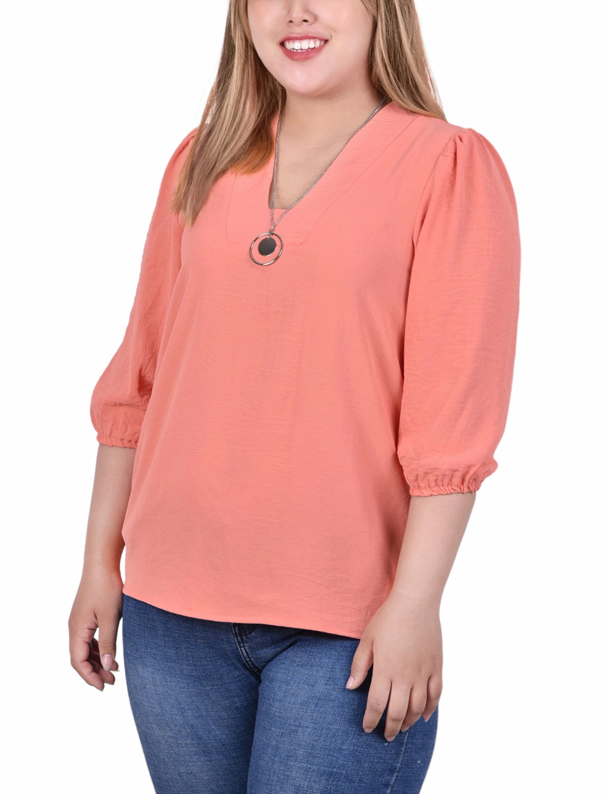 Plus Size 3/4 Puff Sleeve Blouse With Detachable Necklace Contrast Stitch Accent