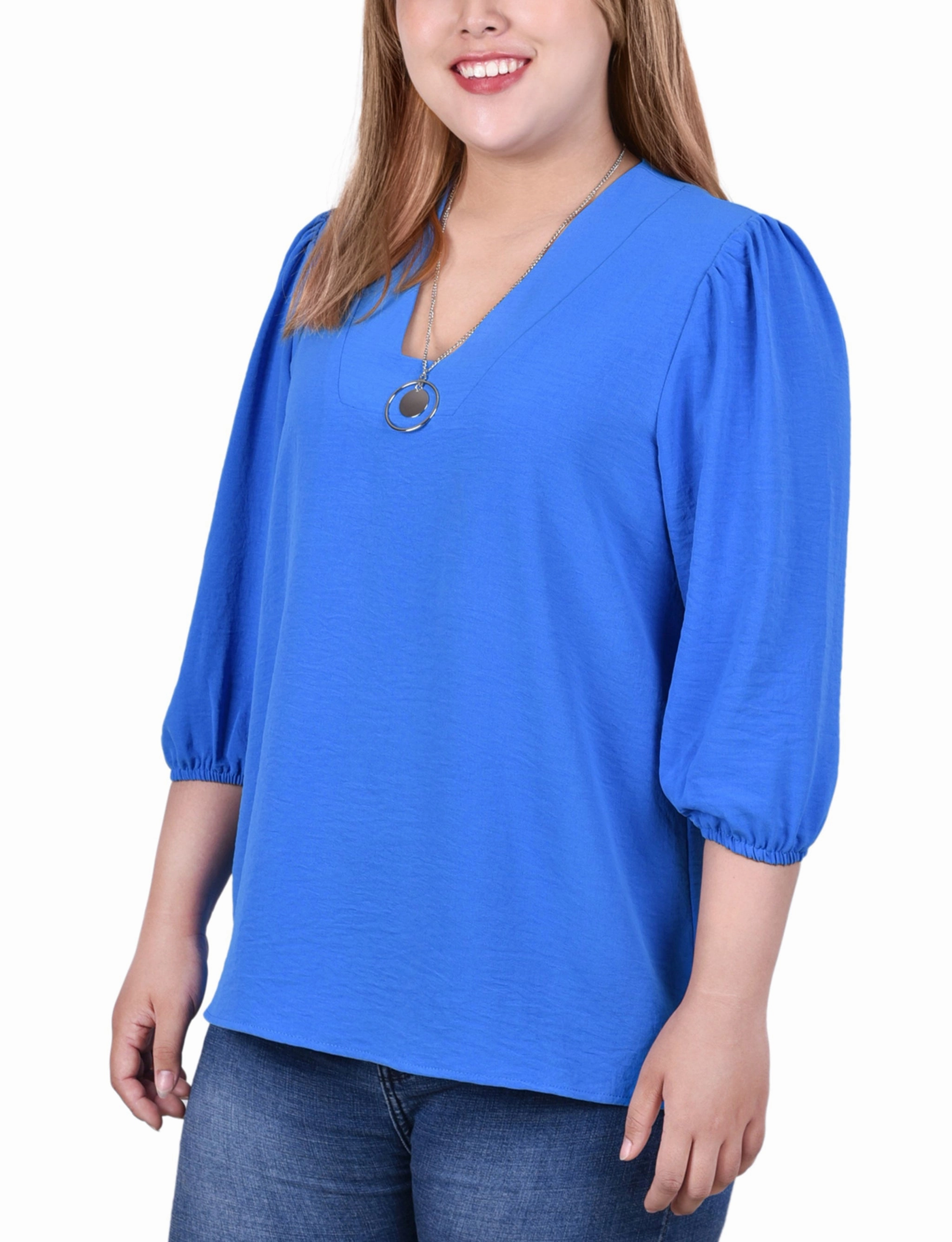 Plus Size 3/4 Puff Sleeve Blouse With Detachable Necklace Double Stitched Seams BioBased Fiber