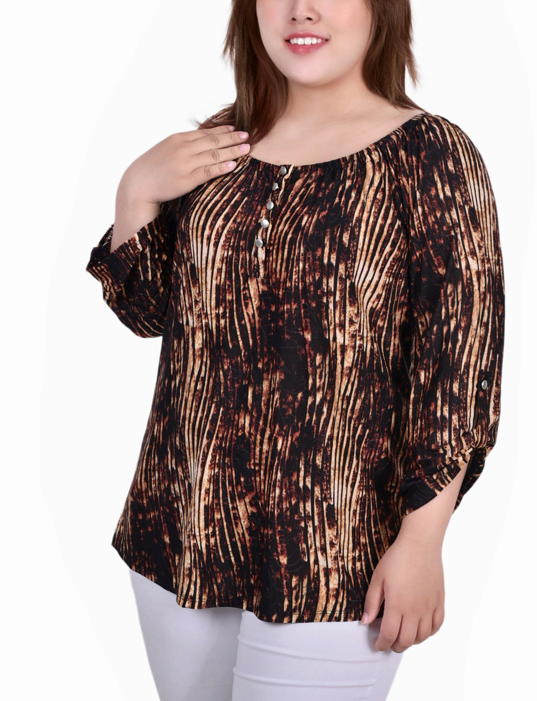 Plus Size 3/4 Push Tab Round Neck Top ThermalLining