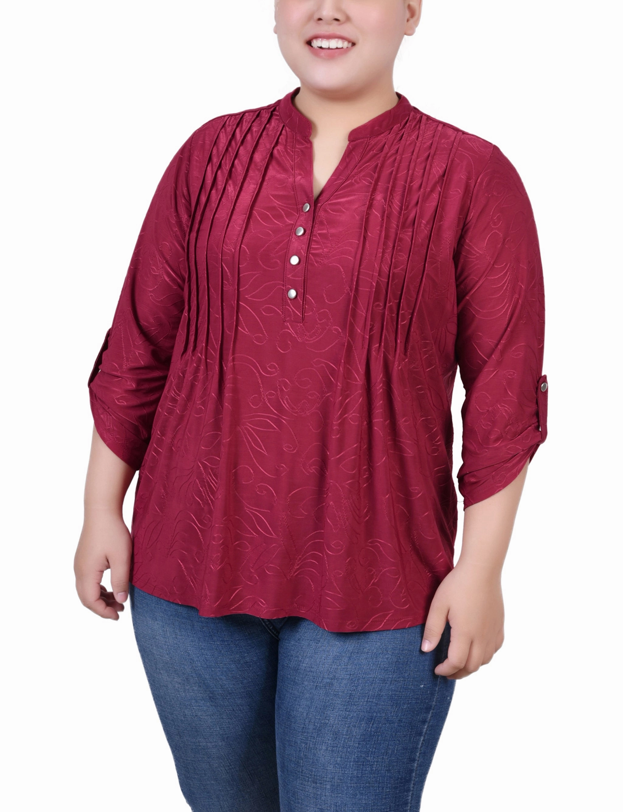 Drop Shoulder Cut Plus Size 3/4 Roll Tab Pullover Top