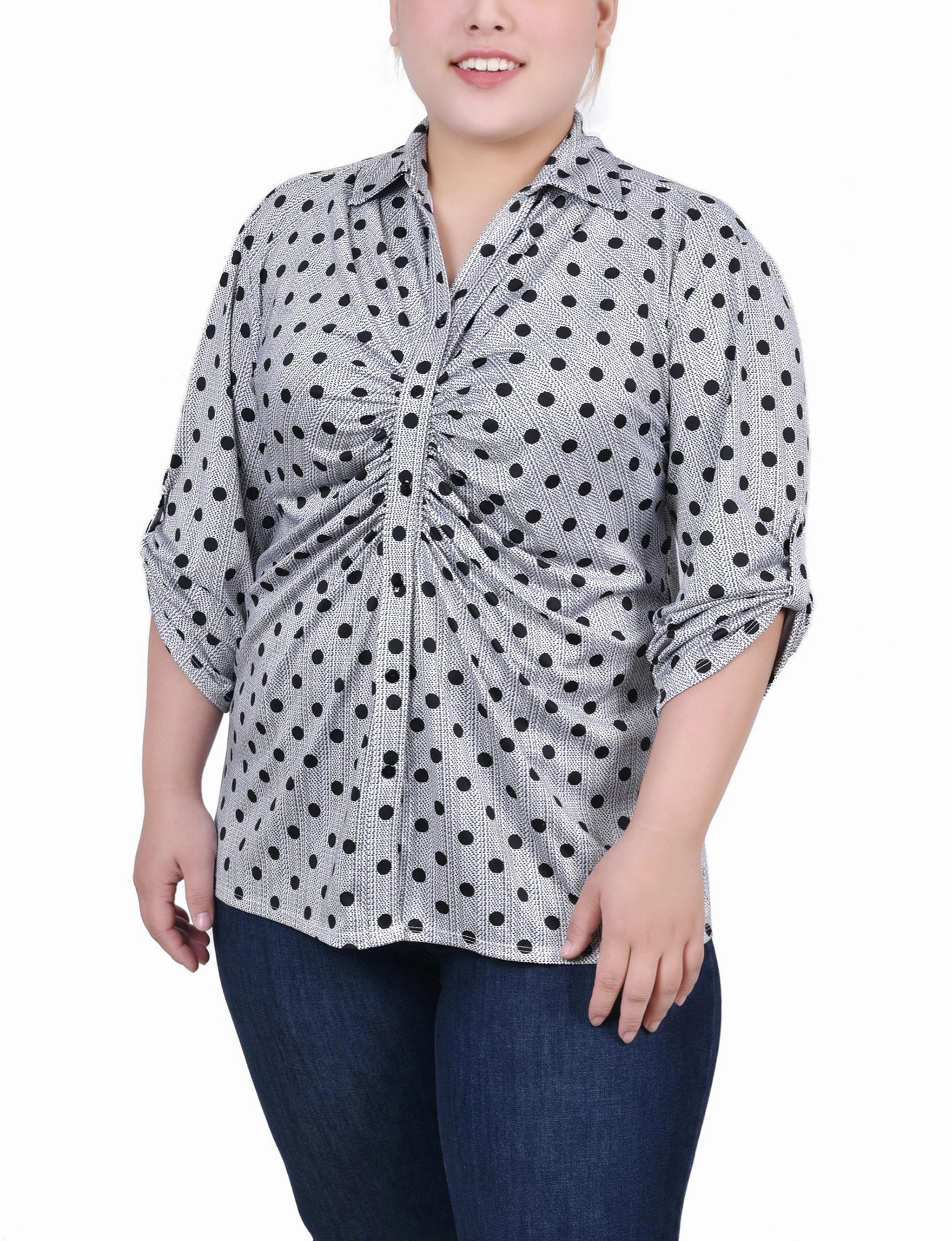 Plus Size 3/4 Roll Tab Rouched-Front Top Reinforced Stress Points