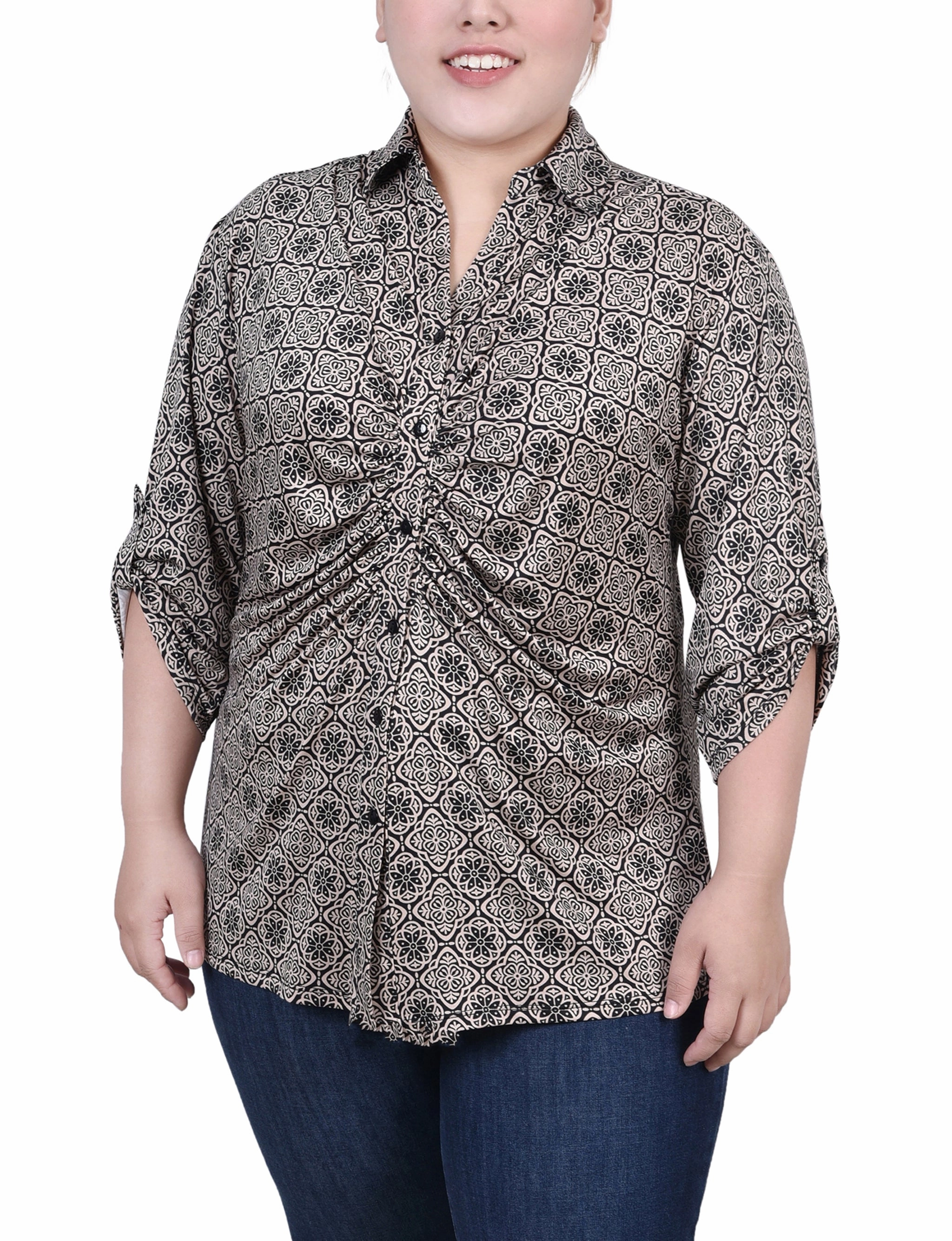 Plus Size 3/4 Roll Tab Rouched-Front Top ReinforcedHems