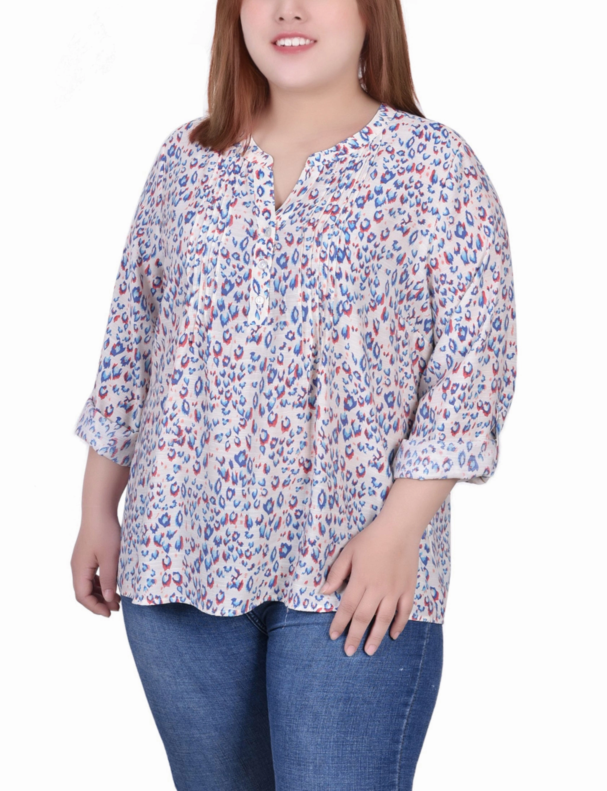 Ergonomic Fit Design Plus Size 3/4 Roll Tab Sleeve Blouse