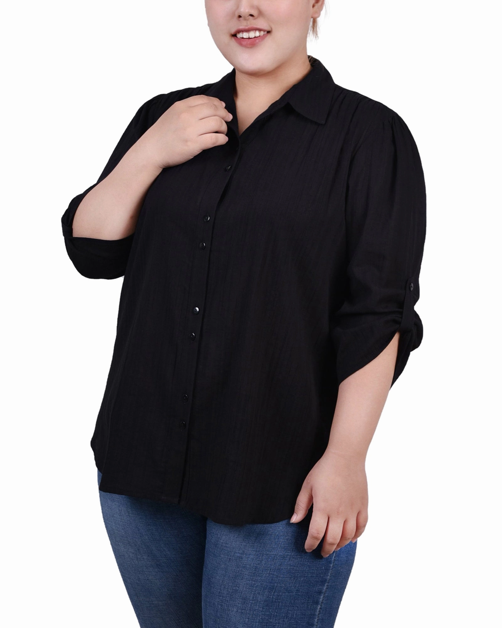 Plus Size 3/4 Roll Tab Sleeve Cotton Blouse BondedEdges