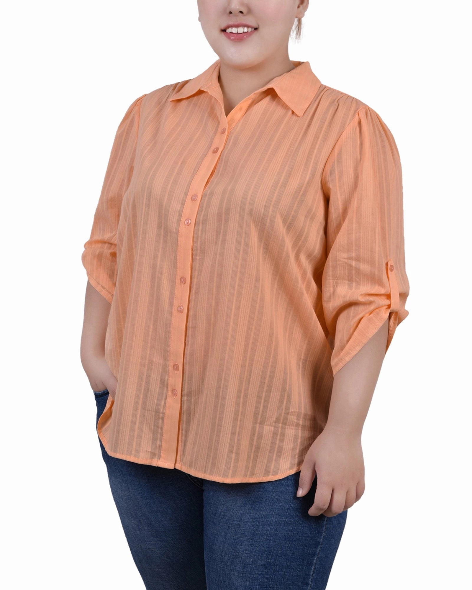 Plus Size 3/4 Roll Tab Sleeve Cotton Blouse ReinforcedStitching