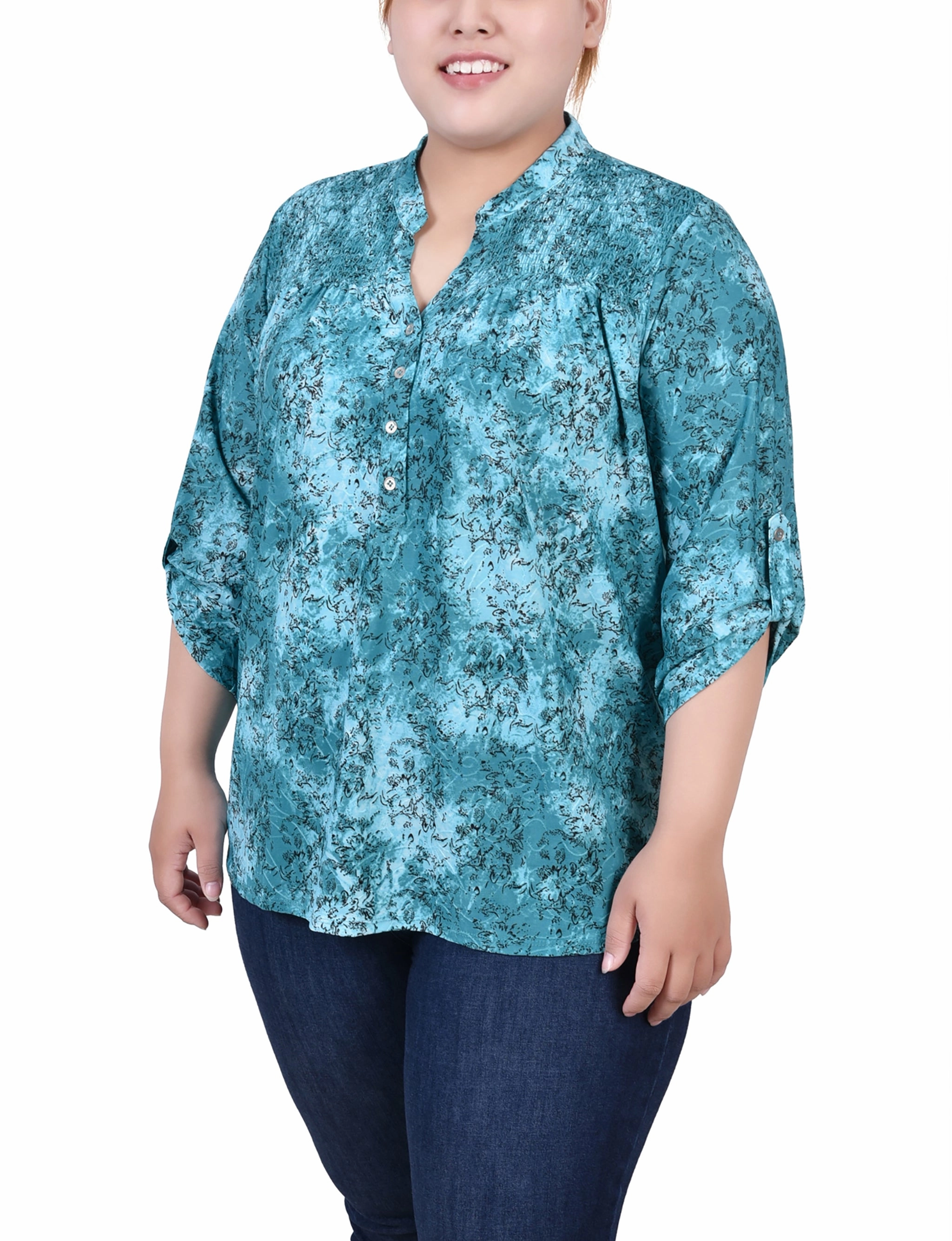 Raw Edge Finish Plus Size 3/4 Roll Tab Sleeve Smocked-Yoke Top