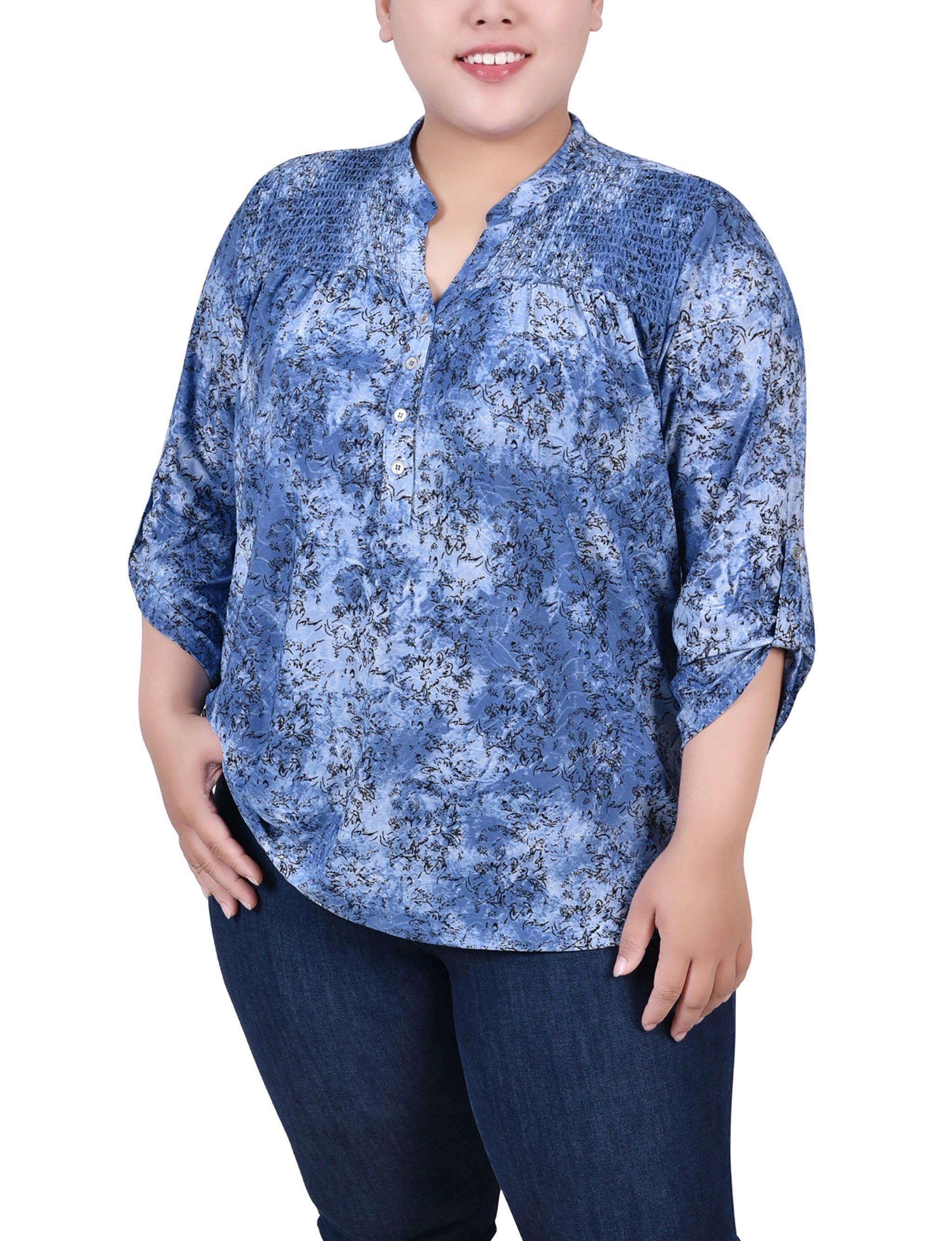Plus Size 3/4 Roll Tab Sleeve Smocked-Yoke Top Airflow Vents Four Way Stretch Fabric
