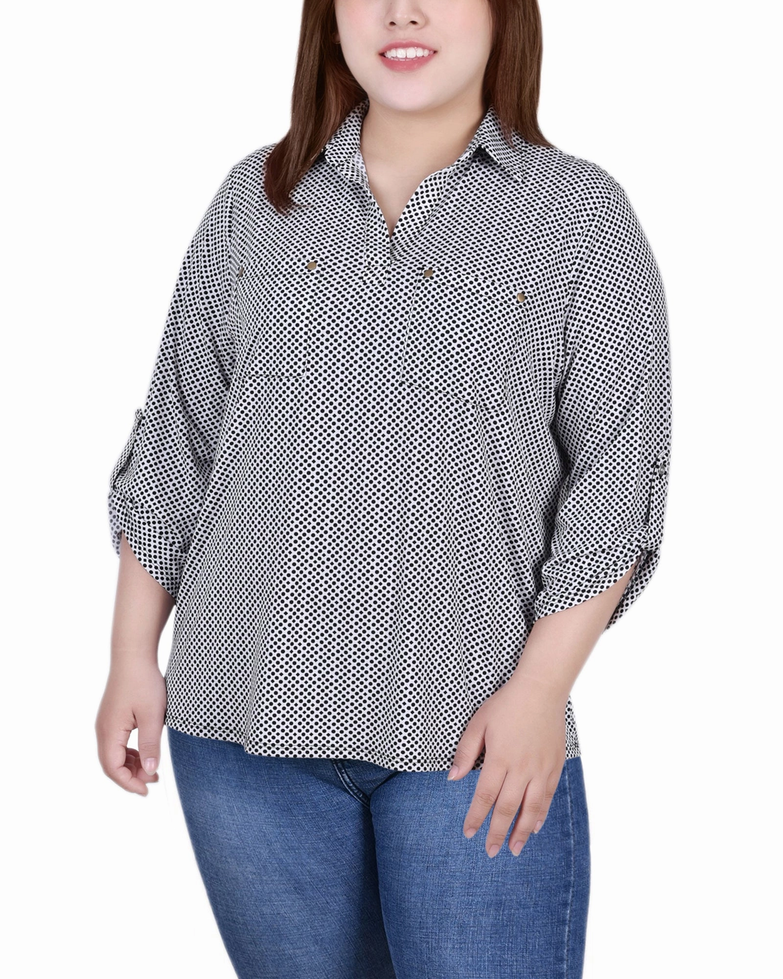 Adjustable Hem Durable Stitch Pattern Plus Size 3/4 Roll Tab Sleeve Studded Y Neck Top