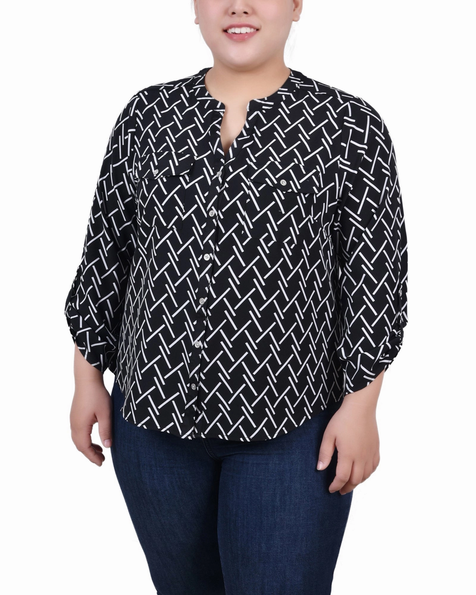 MultiLayer Stitching Plus Size 3/4 Roll Tab Sleeve Y-Neck Blouse