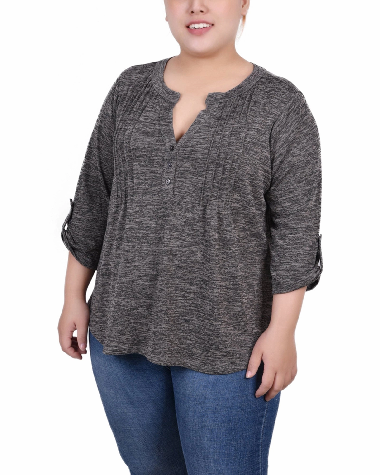 Plus Size 3/4 Roll Tab Sleeve Y Neck Top VNeck Style