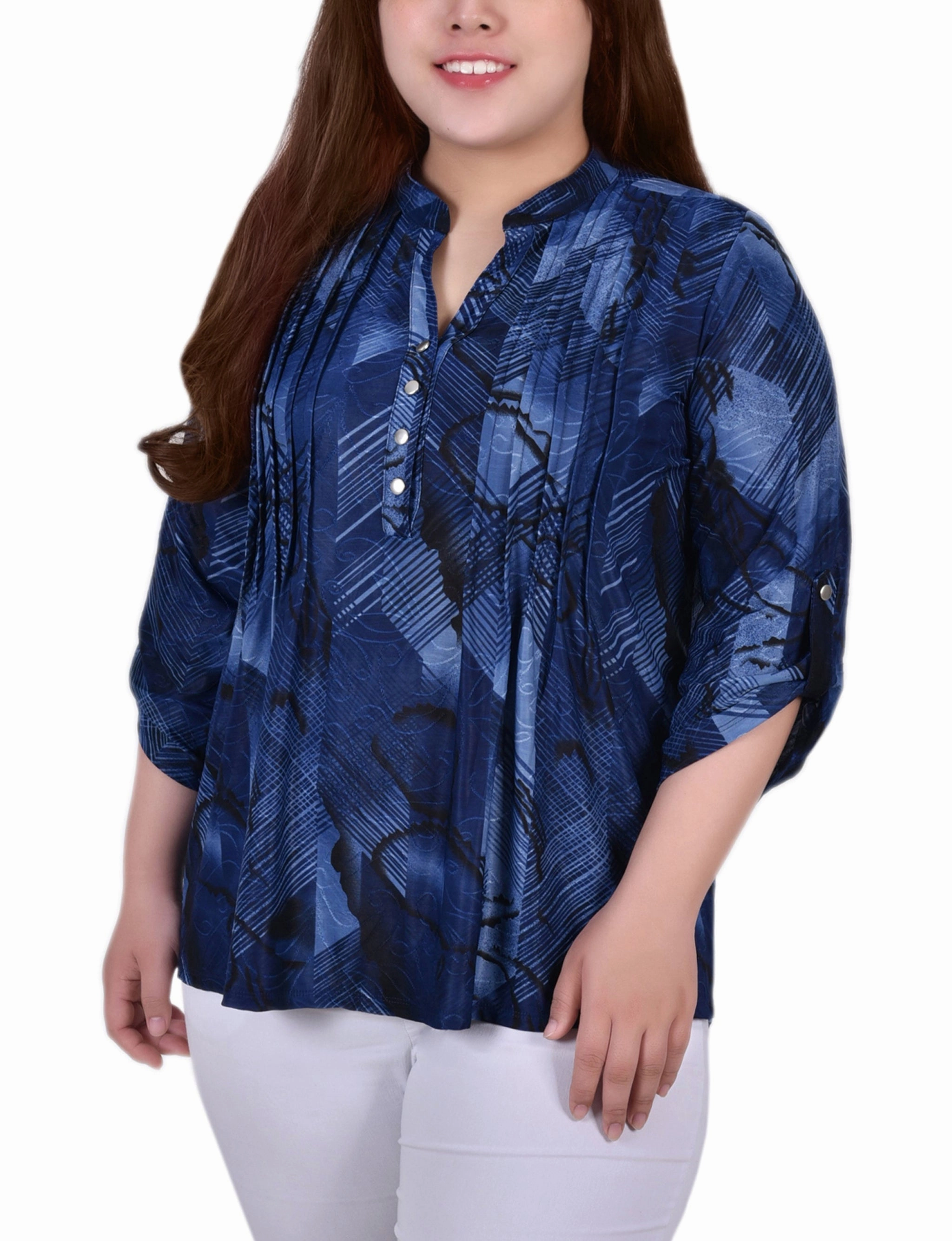 Organic Cotton Fiber Plus Size 3/4 Roll Tab Sleeve Y Neck Top