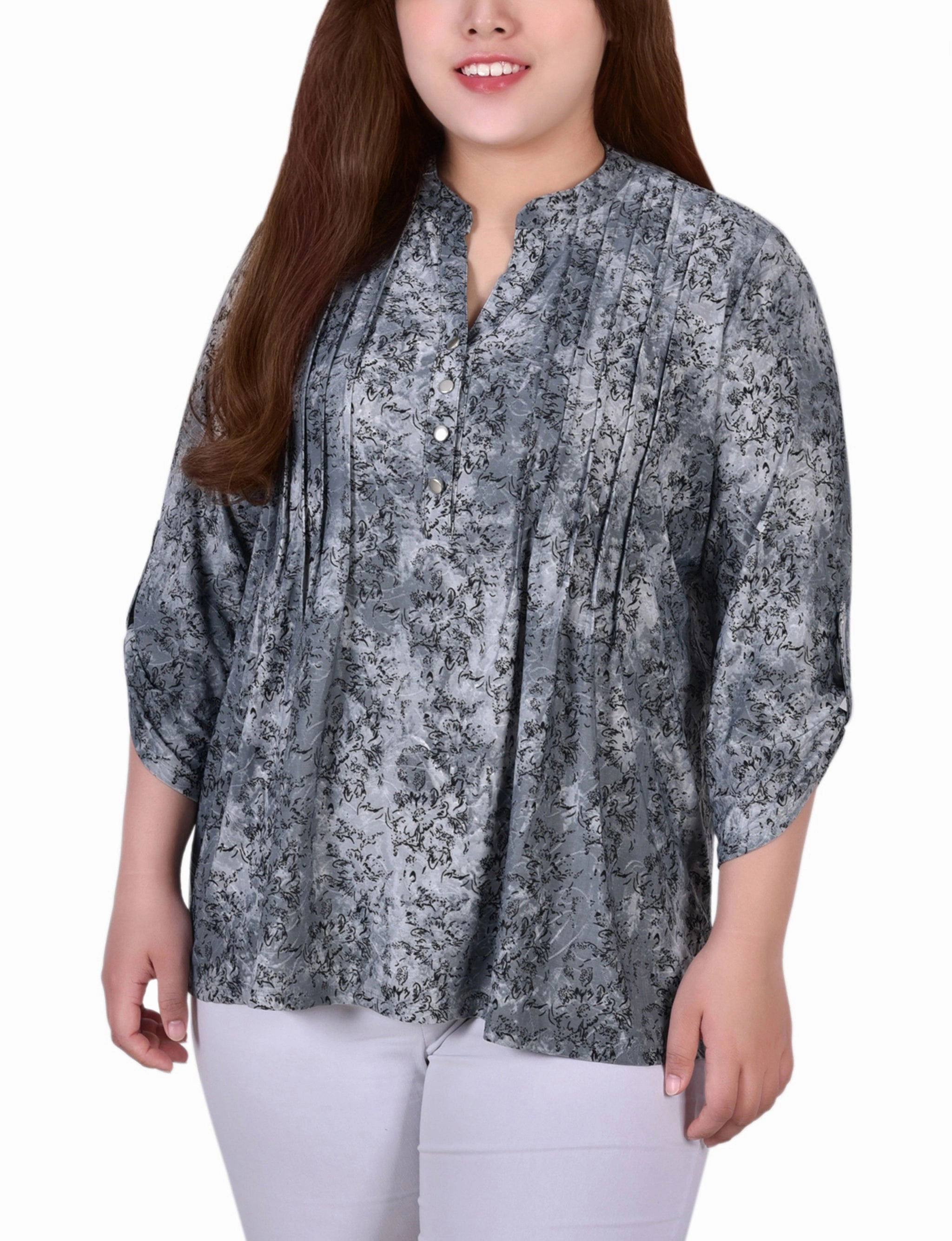 Eco Friendly Blend Tagless Design Plus Size 3/4 Roll Tab Sleeve Y Neck Top