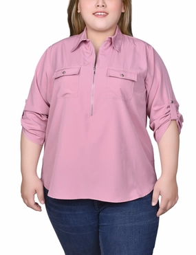 Plus Size 3/4 Roll Tab Sleeve Zip Front Blouse Light material VersatileLayering