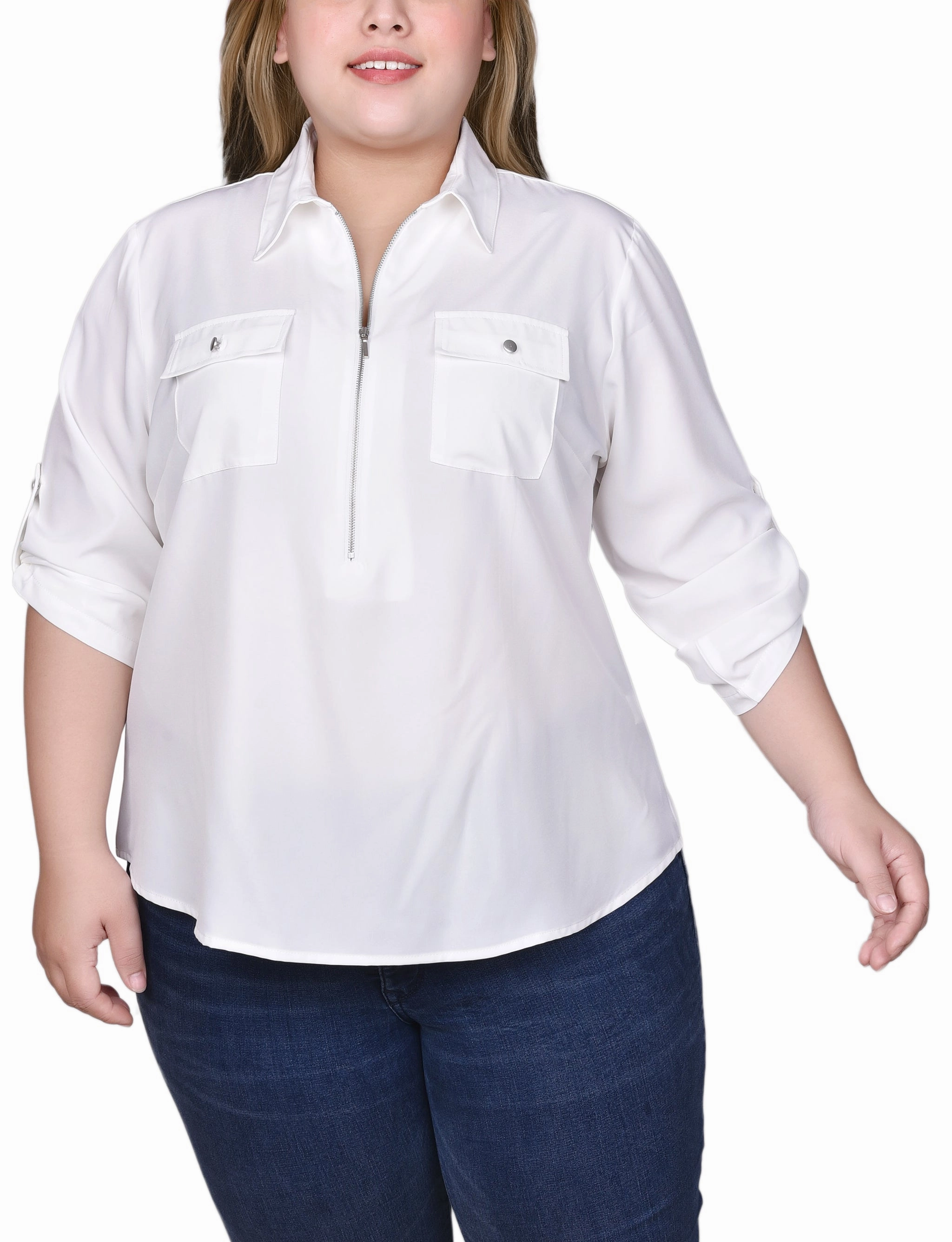 Soft Brushed Lining ReinforcedStitching Plus Size 3/4 Roll Tab Sleeve Zip Front Blouse