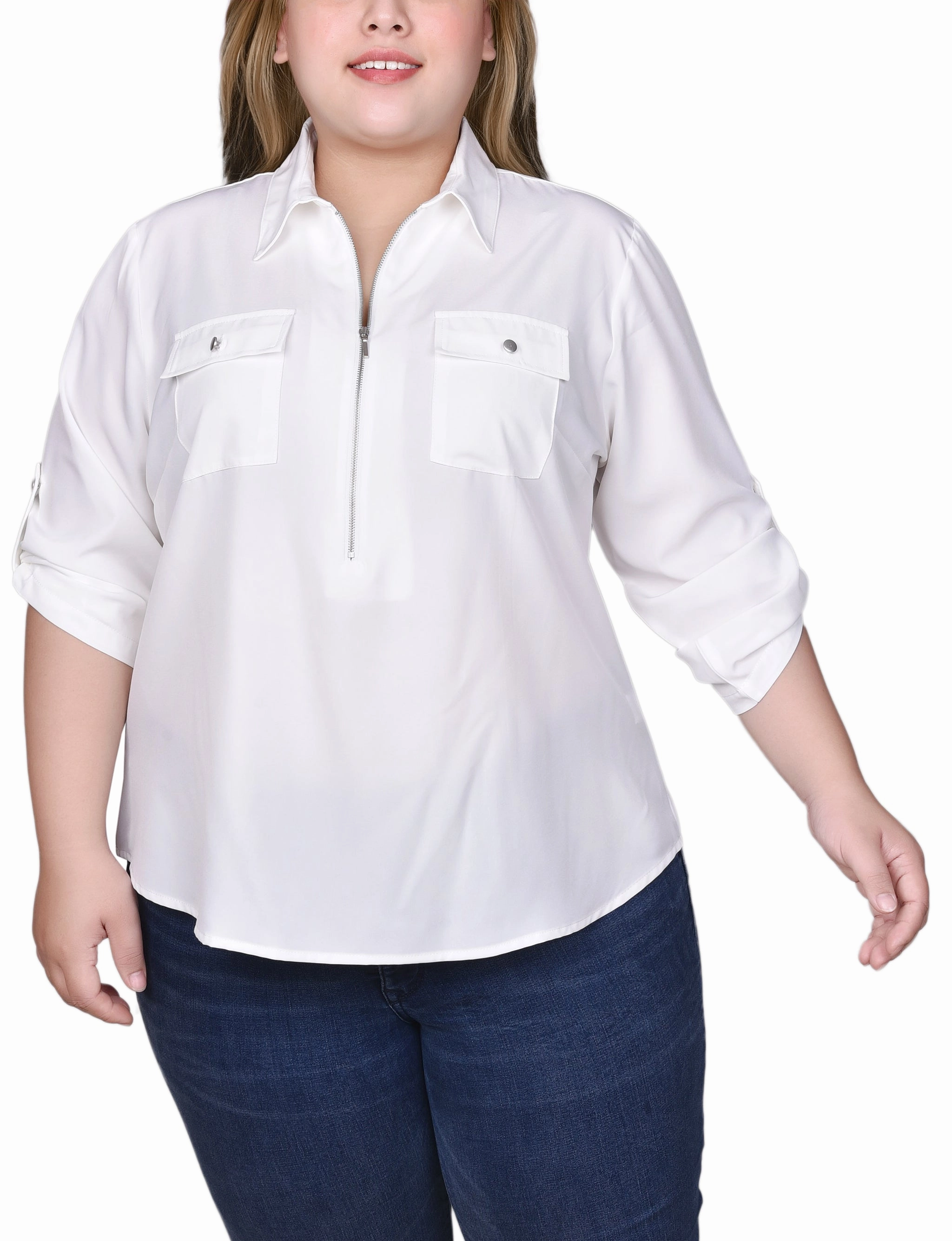Plus Size 3/4 Roll Tab Sleeve Zip Front Blouse Reverseble Design